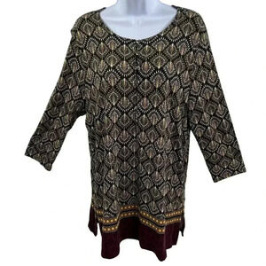 J Jill Womens L 3/4 Sleeve Tunic Top Geometric Peacock Print Henley Style Tunic